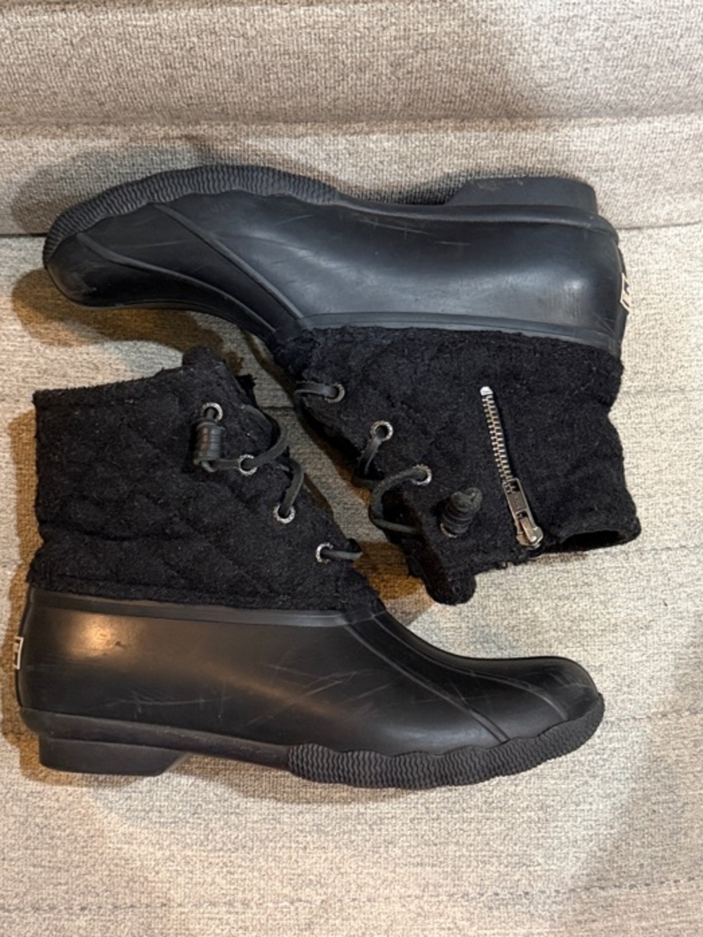 Sperry Women's Black Quilted Wool leather Lace-Up Rain Ankle Boots with Side Zip